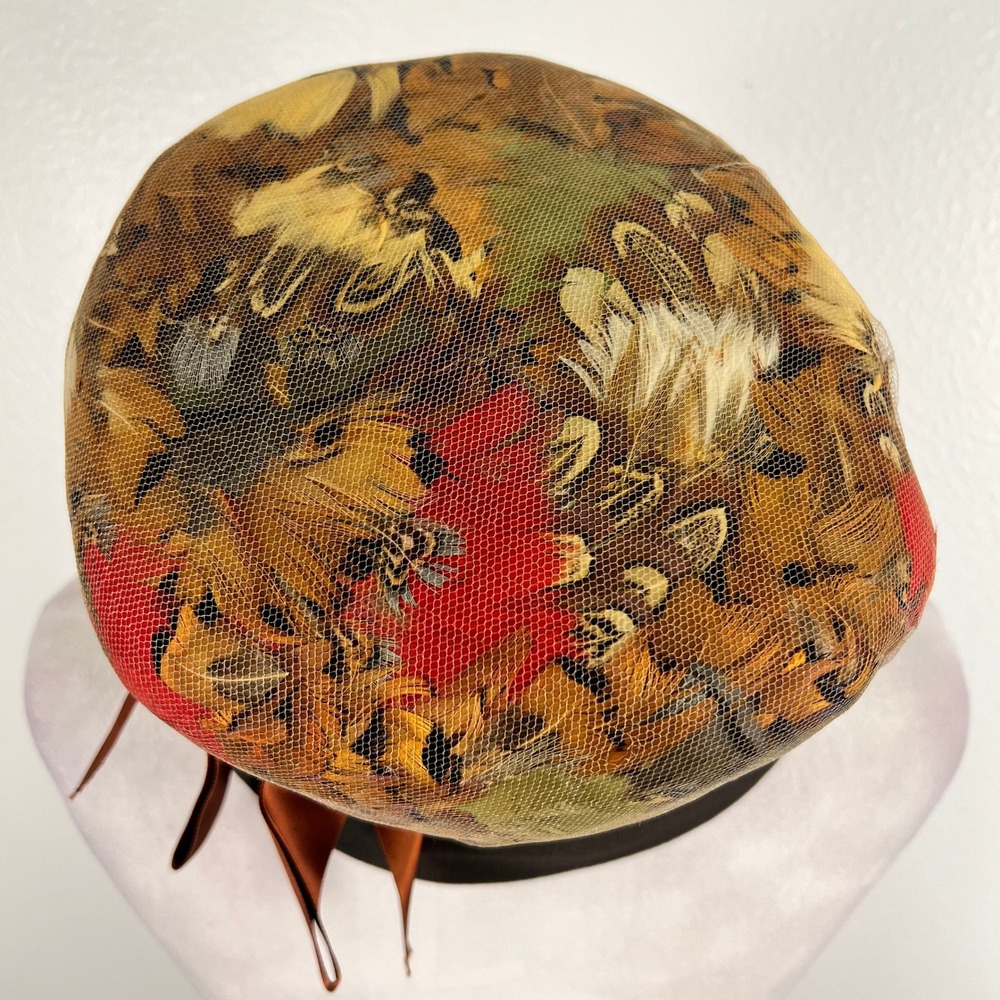 Antique Feathered Hat with Mesh Net Cover Bucket Hat Rawak by Phipps Exotic